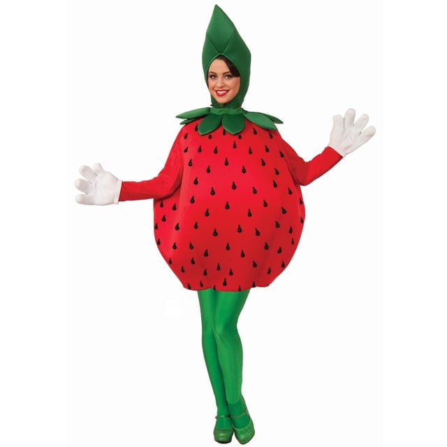Sweet Strawberry Adult Costume featuring a red sleeveless tunic shaped like a strawberry with black printed seeds, a green leafy collar, and a pointed green hood as the stem, paired with green tights and shoes, suitable for Halloween and costume events.