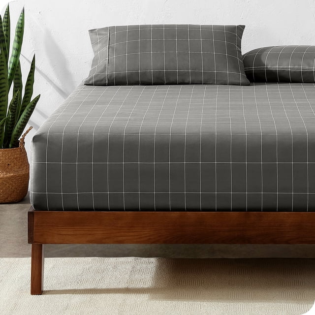 Bare Home Fitted Sheet - Premium 1800 Collection - Deep Pocket - Ultra-Soft Wrinkle Resistant - Queen, Grid - Gray/White