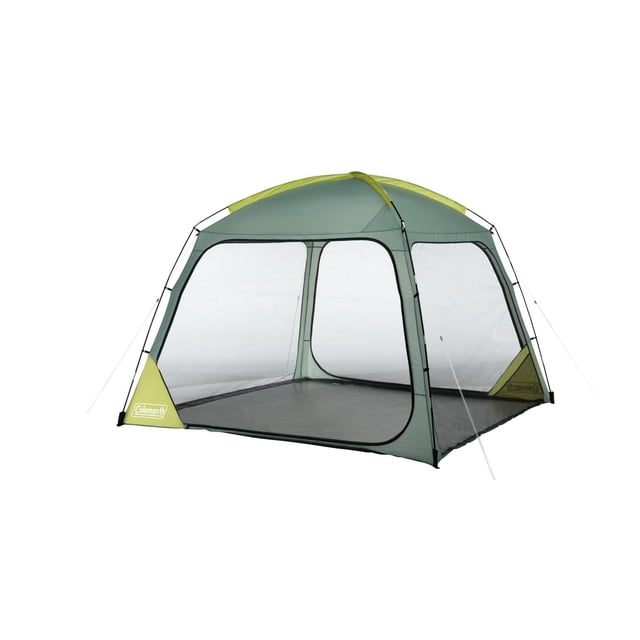 Coleman Skyshade 10 x 10 Screen Dome Canopy sun shelter tent with green and yellow dome-shaped fabric, enclosed mesh walls for bug-free outdoor use, fiberglass poles with pole sleeves, and guy lines for stability, suitable for camping or picnics.