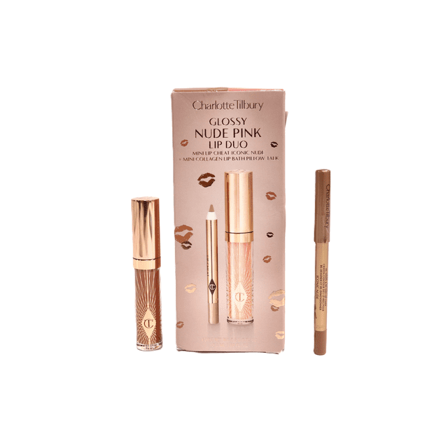 CHARLOTTE TILBURY Mini Glossy Pink Lip Gloss + Lip Liner Set in Nude Pink, featuring a 0.02 oz Mini Lip Cheat Lip Liner in Iconic Nude and a 0.08 oz Mini Collagen Lip Bath Gloss in Pillow Talk. The set includes a rose gold-accented lip gloss tube and a matching lip liner, displayed alongside its branded packaging with a glossy finish and kiss print design.