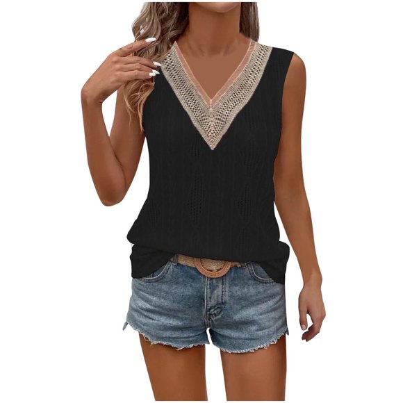 Lace Border V Neck Tank Leading: Sleeveless Knit Casual Leading with Textured Pattern
