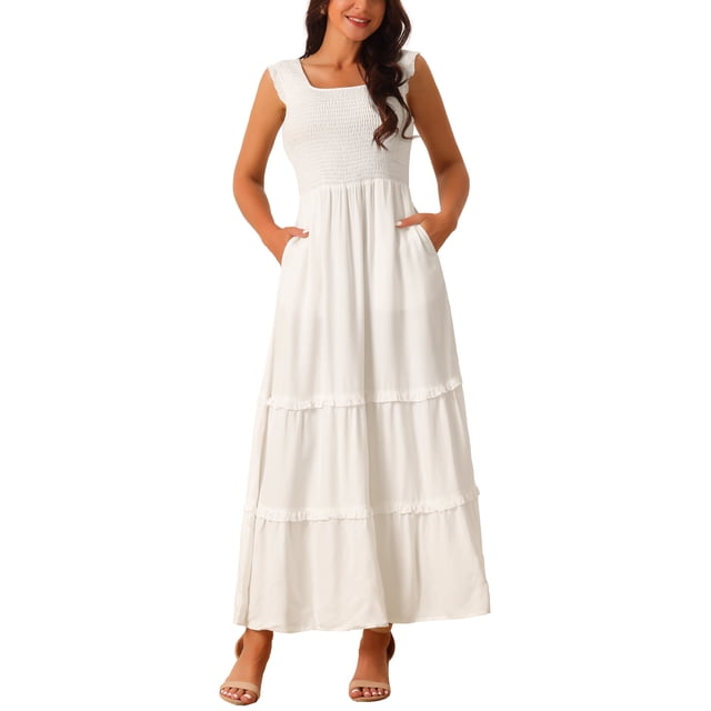 INSPIRE CHIC Robe d'Été Sans Manches pour Femme Col Rond Robe Maxi Décontractée avec Poches TG Blanc