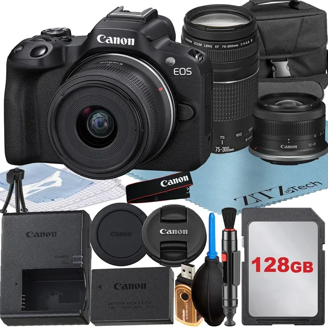 Canon EOS R50 Mirrorless Camera with RF-S 18-45mm + EF 75-300mm Lens + 128GB Memory Card + Case + ZeeTech Accessory Bundle