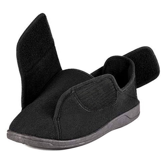 Women's 80-D Memory Foam Diabetic Slipper with Adjustable Closures, Wide Width Warm Plush Fleece Arthritis Edema Swollen Diabetic House Shoes Machine Washable w/Anti Slip Sole (11, Black)