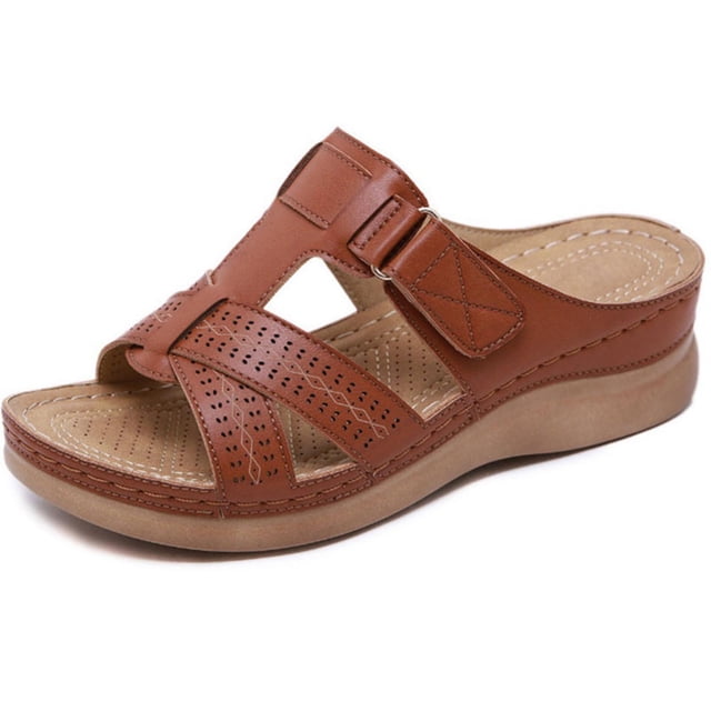 Summer New Style Plus Size Casual Wedge Heel Adult Women's In-line Sandals in a brown PU upper material with perforated design and adjustable strap. Features a 4cm (1.58-inch) wedge heel and slip-on closure. The sole is made of durable rubber, offering non-slip and lightweight properties. Suitable for outdoor, leisure, and casual occasions.