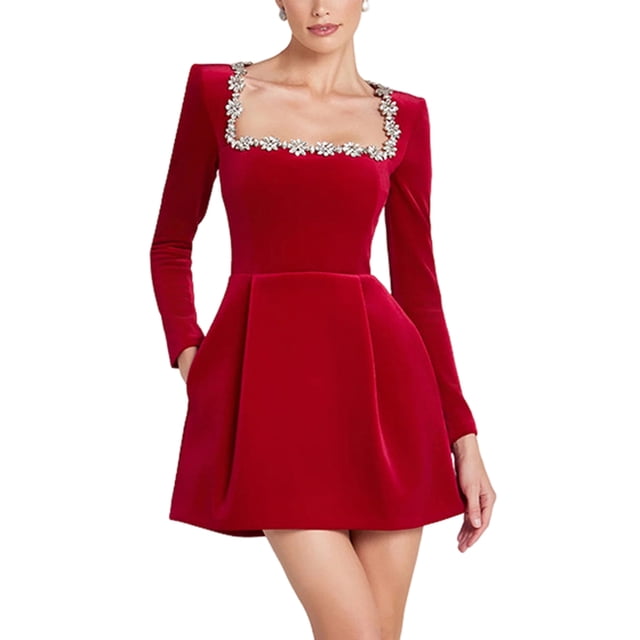 Robes Midi Moulantes en Velours pour Femmes Élégantes à Manches Longues Col Carré Ourlet à Volants Robe de Cocktail Rouge TG