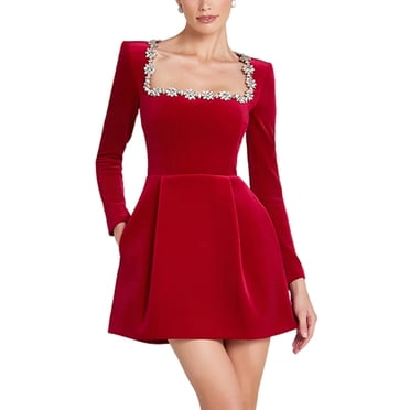 Robe Midi Moulante en Velours pour Femme Élégante à Manches Longues, Encolure Carrée, Ourlet à Volants, Robe de Cocktail pour Fête, Blanc Crème, TG