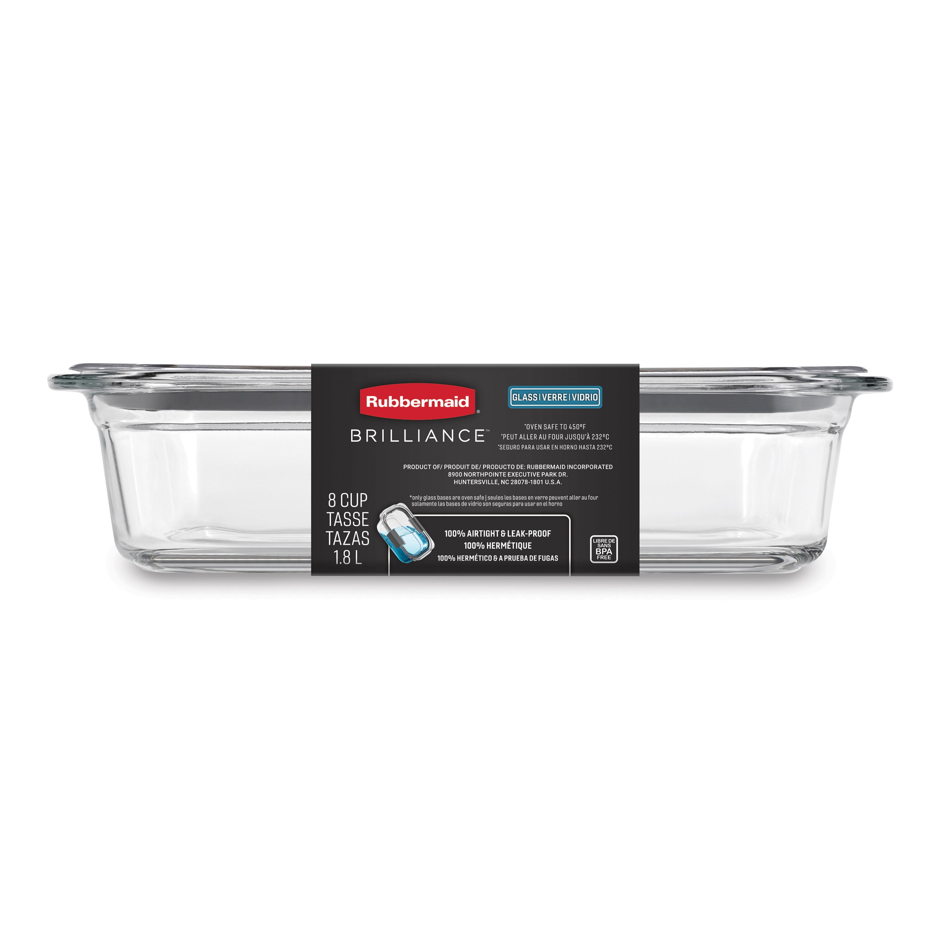 Rubbermaid Brilliance Glass Food Storage Container, 1.8 L (8 Cup), 1 Pack