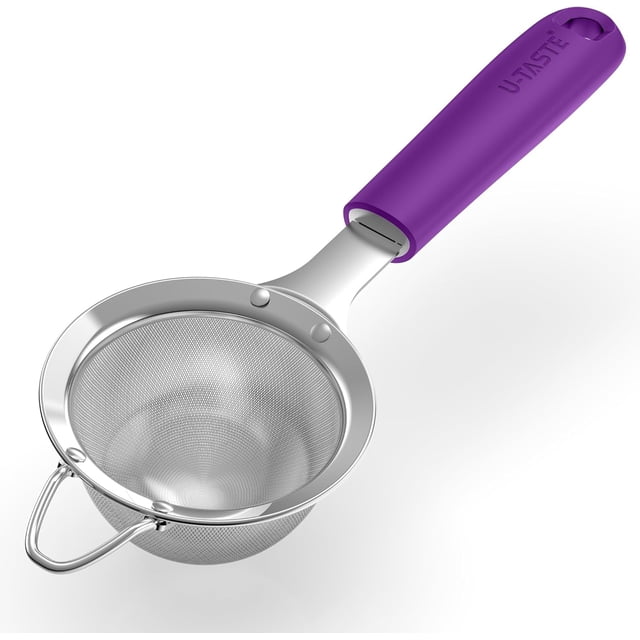 U-Taste Small Fine Mesh Strainer: 18/8 Stainless Steel 3.35in 30 Mesh Kitchen Food Sieve with Sturdy Riveted Silicone Handle, Heavy Duty Deep Handheld Metal Colander for Tea, Juice (Purple)