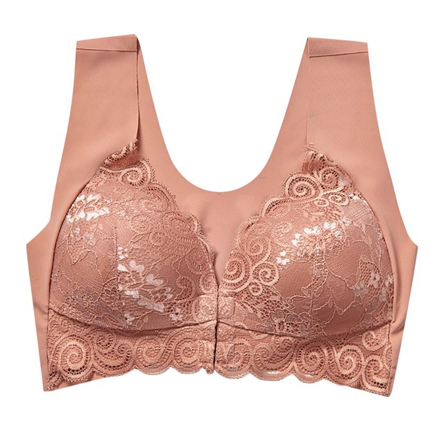 Timegard Front Closure Bras for Women Wide Strap Wireless Flower Lace Full Support Back Smoothing Bras