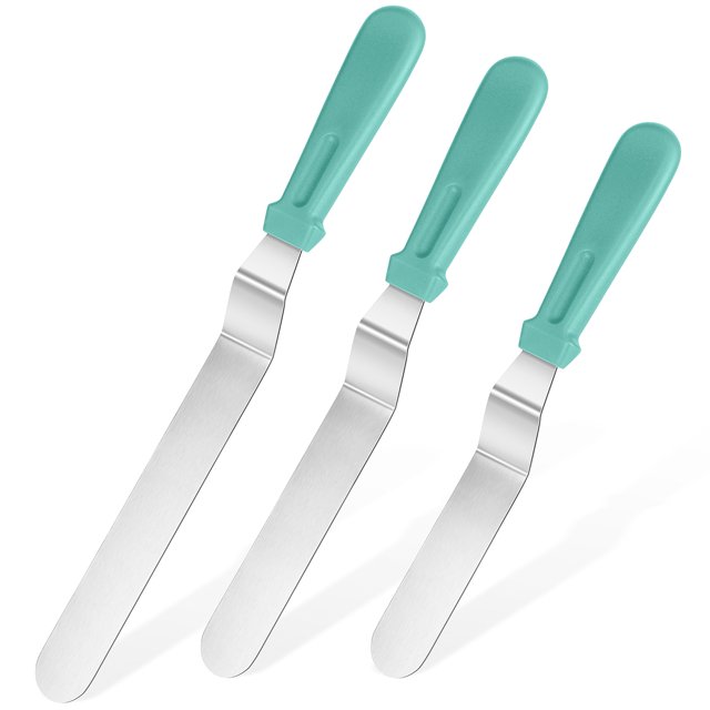 U-Taste Offset Spatulas Set of 3 featuring 6-inch, 8-inch, and 10-inch angled stainless steel blades with aqua sky PP plastic handles. Designed for cake decorating, frosting, and baking tasks, the spatulas offer a balance of stiffness and flexibility. The ergonomic, non-slip handles ensure comfort, while the food-grade stainless steel blades resist rust and discoloration. Suitable for spreading frosting, lifting baked goods, and flipping items like eggs or burgers. Dishwasher safe for easy cleaning.