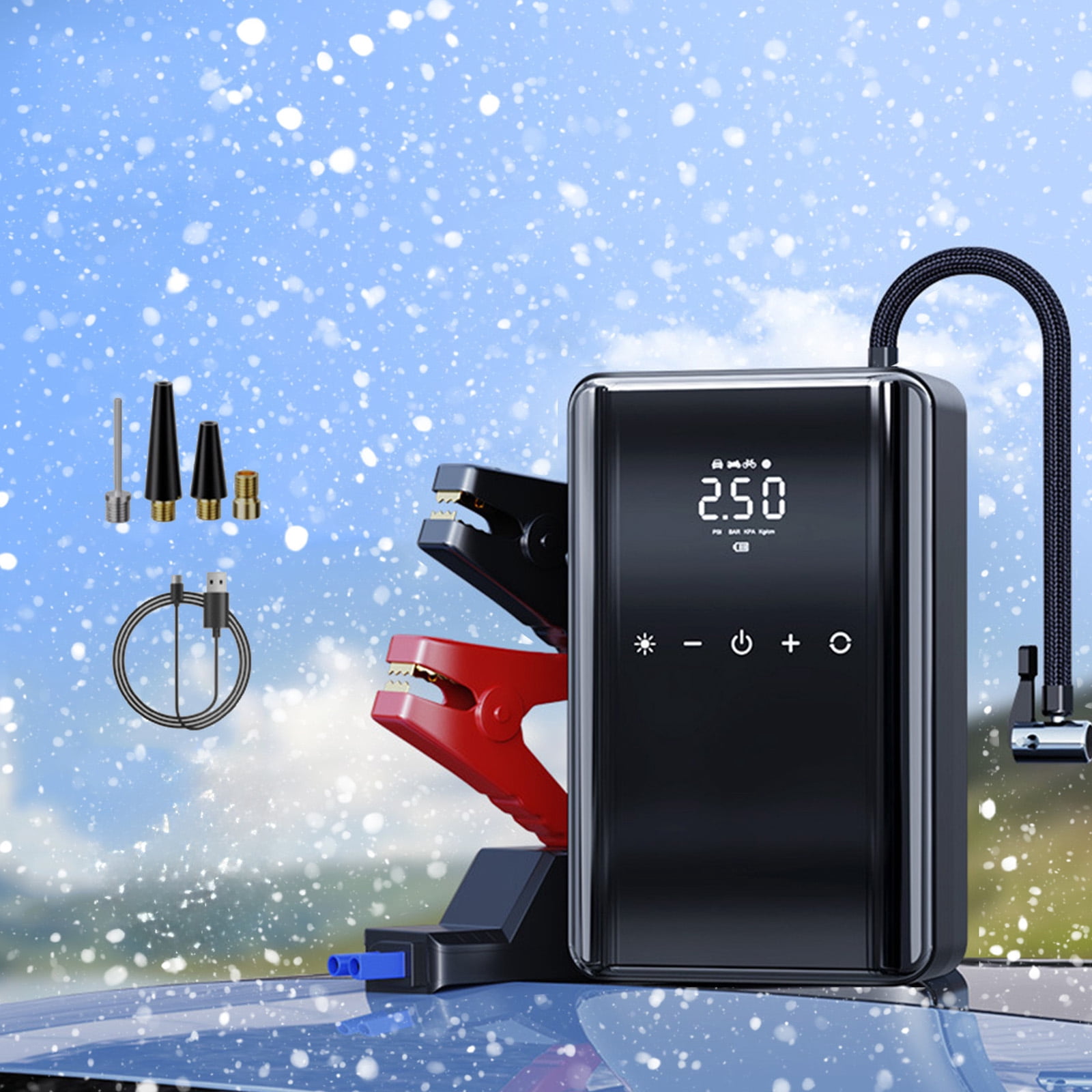 Portable Car Jump Starters And Inflator Pump 150PSI 6000A 60W 12V Car Jump Starters Pack 5.0L Gas/3.0L Diesels Engines With LCD Display Lights Type-C Charger