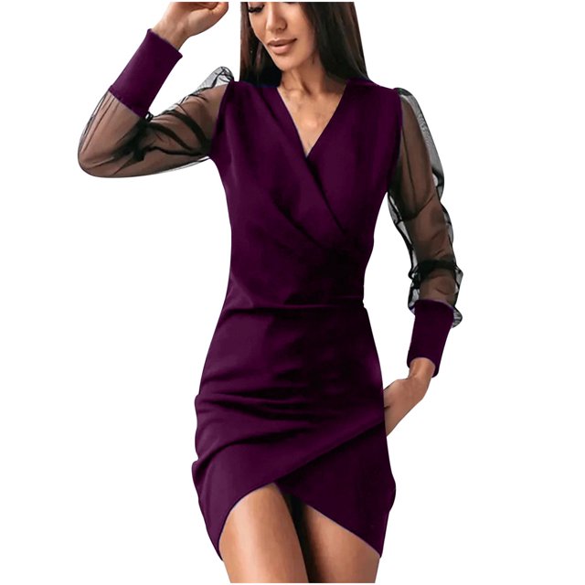 CEHVOM Robe Femme Unie à Col en V à Manches Longues Décontractée en Gaze Robe Longue de Soirée Soldes