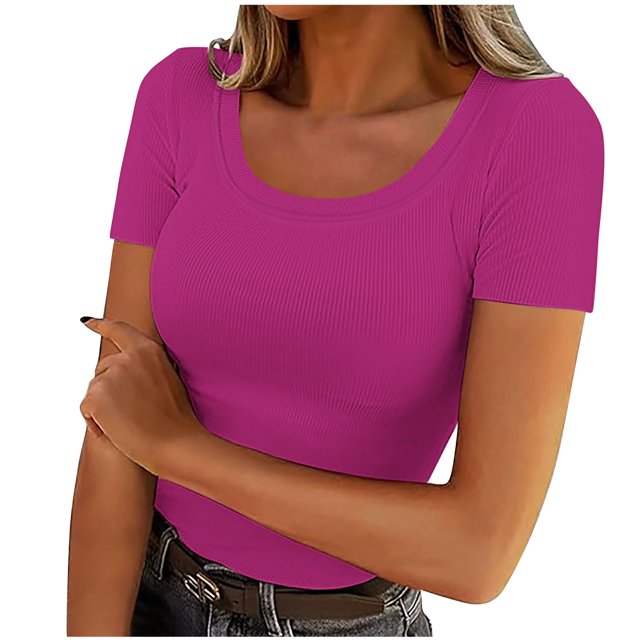 AherBiu Womens Tops Summer Ribbed Knitted Stretchy Slim Tight Tops Solid Color Short Sleeve Tshirts