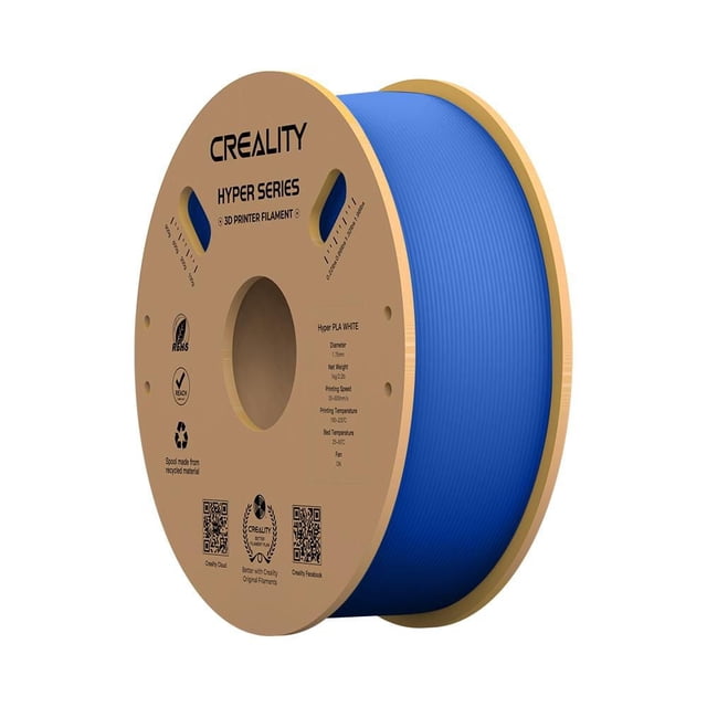 Creality HypeRPLA 3D Printing Filament 1kg, Blue, spool of blue filament on a brown cardboard reel with printed technical details and QR codes, designed for high precision and faster cooling in 3D printing, ideal for prototyping and figurines.
