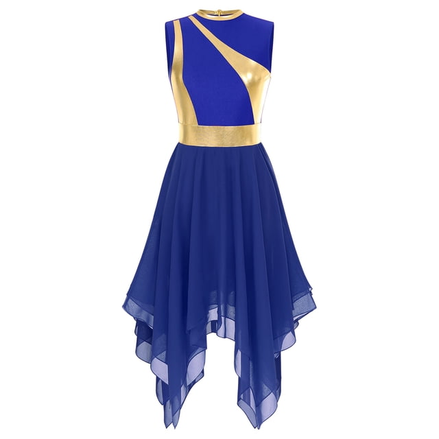 zdhoor Robe de Danse Maman et Moi Métallique Sans Manches Ballet Louange Moderne Lyrique Costume de Performance Bleu Royal P