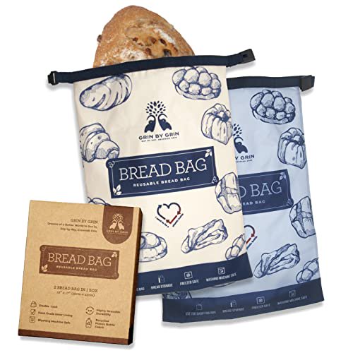 gRIN BY gRIN- 2 Sacs à Pain pour Garder le Pain Frais, Sacs à Pain Réutilisables avec Fermeture Éclair pour Pain Fait Maison, Sac de Rangement pour Pain au Congélateur, Récipient à Pain