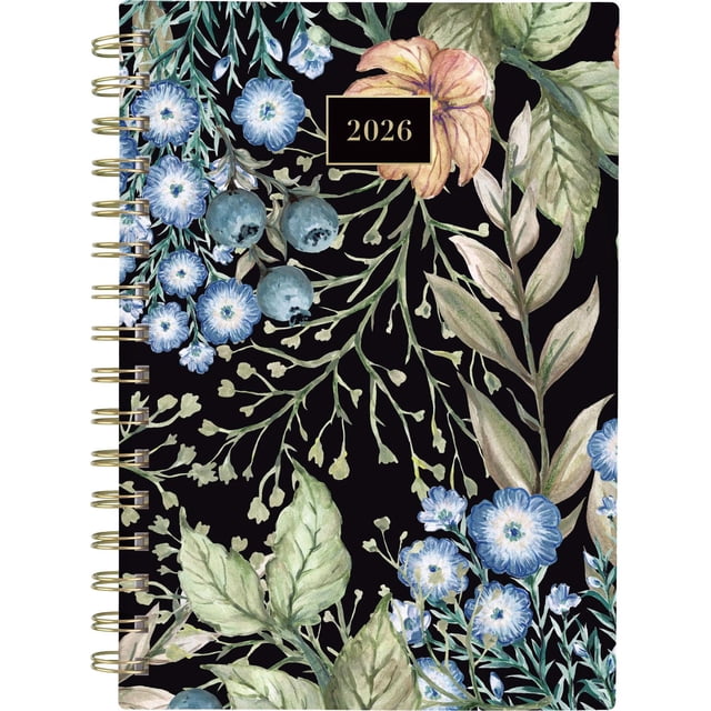 2026 Cambridge® Dark Floral Garden Small Weekly Planner with a durable hard cover featuring a black background and multicolour floral design of blue flowers and green leaves with gold foil accents. Twin coil binding resists snagging and lays flat for ease of use, ideal for weekly and monthly planning in office and school supplies.