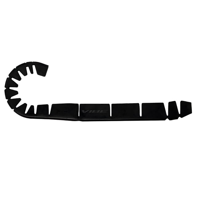 VIBE Hockey Stick Blade Protector in black with a segmented, flexible design and curved end slots to fit most hockey stick blades, protecting them during street hockey and off-ice training on pavement or concrete surfaces.