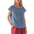 thumbnail image 1 of JUNWELL Lin à la Mode des Femmes Casual Ample Mode à Manches Courtes T-shirt Couleur Unie Col Rond Top, 1 of 7