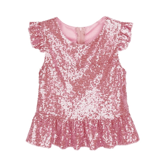 Oyolan Kids Girls Sequins Ruffled Top Mermaid Costume Flutter Sleeve Peplum Blouse for Carnival Performance Pink 12