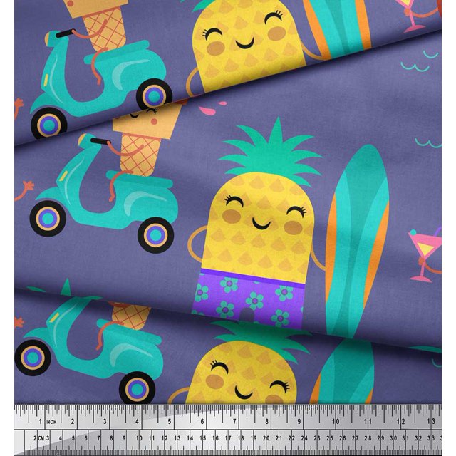 Soimoi Purple polyester Crepe Fabric Beech & Fun Party Fabric Prints By Yard 42 Inch Wide