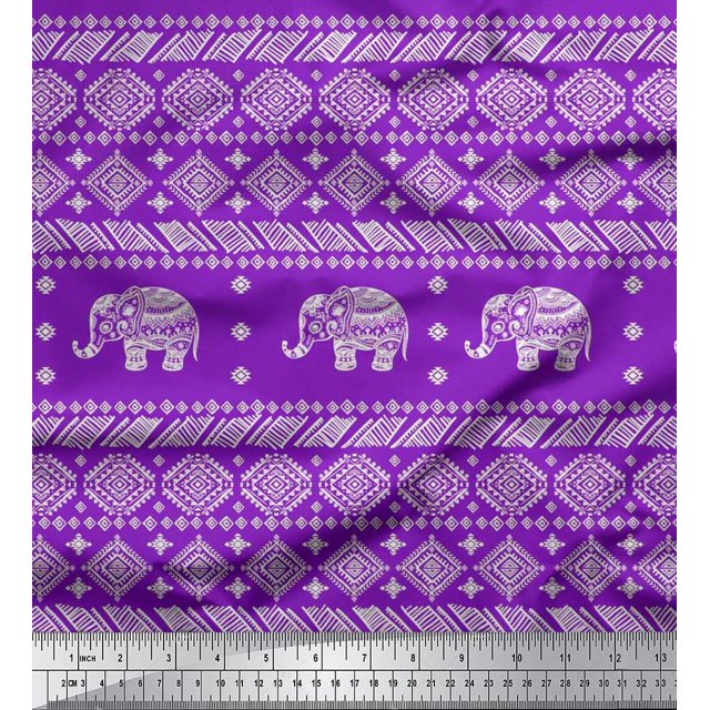 Soimoi Moss Georgette Fabric Aztec & Tribal Elephant Animal Fabric Prints By Yard 42 Inch Wide