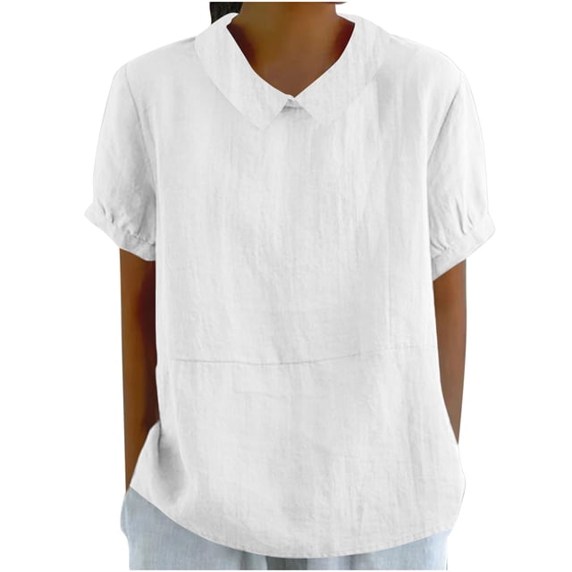 Pisexur Hauts pour Femmes Été Décontractés Col Rond Chemises en Coton et Lin Classiques Couleur Unie Manches Courtes Blouses Mode Col Rabattu Chemises Habillées Formelles Amples Polyvalentes T-Shirts Hauts pour Tendance