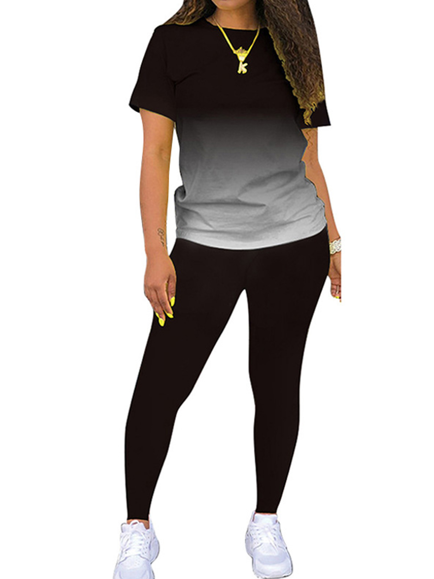 MAWCLOS Women Jogger Set Short Sleeve Sweatsuits Gradient Two Piece Outfit Boho Running Crew Neck Lounge Sets Black XL