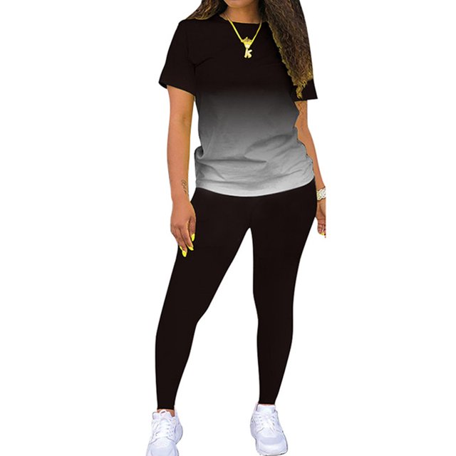 MAWCLOS Ensemble de Jogging pour Femmes Manches Courtes Survêtements Dégradé Ensemble Deux Pièces Boho Course Col Rond Ensembles de Détente Noir 2TG