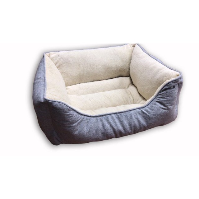 Vibrant Life Medium Cuddler Dog Bed with grey printed velvet outside bolster, cream PV plush inside cushion and bolster, black polyester bottom, and poly fiber filling for softness and durability, suitable as a dog pillow bed for medium dogs.
