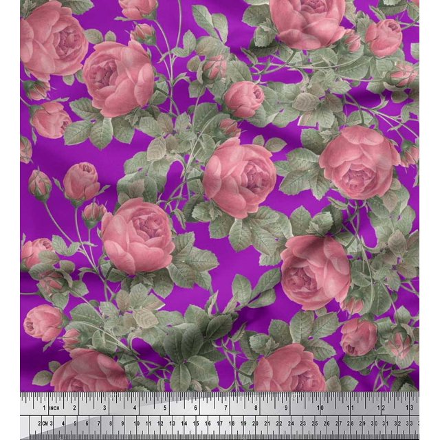 Soimoi Purple Poly Georgette Fabric Leaves & Rose Flower Print Fabric by The Yard 52 Inch Wide