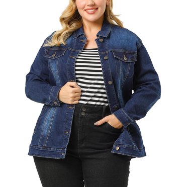 Agnes Orinda Veste en Jean pour Femme Grande Taille, Surpiqûres, Boutons, Denim Lavé, Manteau d'Extérieur, L Bleu Foncé