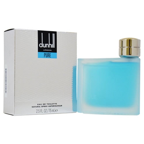 Dunhill London Pure Edt Spray For Men 2.5 oz, a men's cologne in a frosted glass bottle with vibrant blue liquid and a silver cap, displayed alongside its branded packaging. The fragrance features a citrus spicy blend of lemon, water iris, musk, lotus leaves, sandalwood, cedarwood, and cardamom.