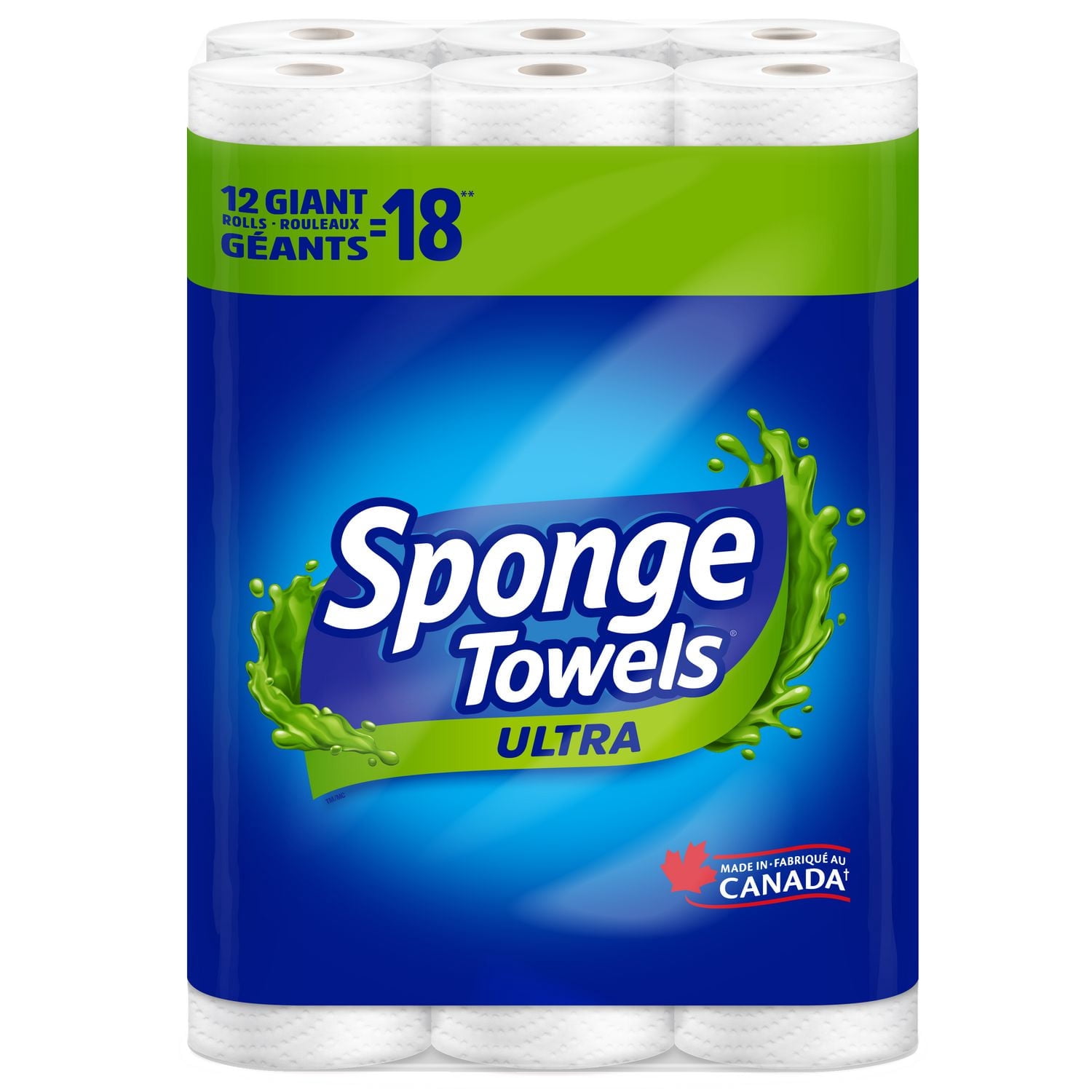 SpongeTowels Ultra Paper Towel, Choose-A-Size® Sheets, 12 Giant Rolls = 18 Regular Rolls