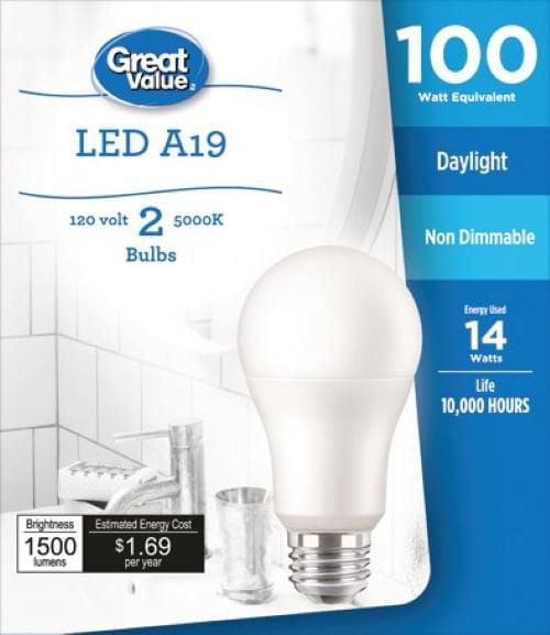 Great Value 100W A19 Daylight LED Bulbs 2-pack