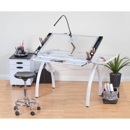SD Studio Designs 10096 Futura Station avec Dessus d'Étagère Pliant, Table Réglable pour Dessin, Artisanat, Dessin, Passe-Temps, Bureau d'Atelier d'Écriture avec Tiroir, 35,5 Pieds' L x 23,75 Pieds' P, Blanc/verre Transparent