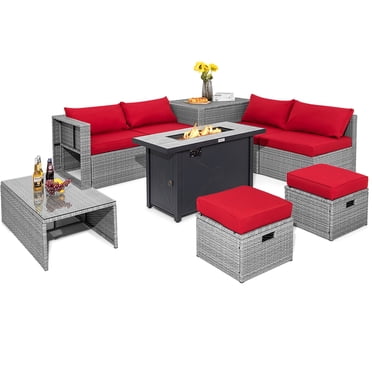 Patiojoy 9 PCS Patio Furniture Set with 42" 60,000 BTU Fire Pit Outdoor Space-Saving Sectional Sofa Set with Storage Box Red
