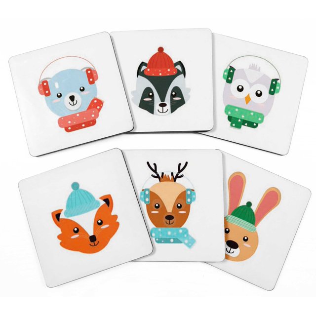 Inkdotpot Set of 6 Drink Coasters DecorativeNon,SlipCork Base4-inch Square PrintedCoastersEasy Clean- Winter Animals