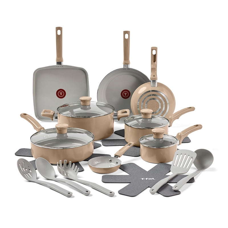 T-Fal Refresh Ceramic Nonstick Cookware Set, 20-Piece, Oven Safe to 350°F, Stockpot, Ceramic Pots and Pans Set, Frying Pans, Griddle, Utensils, Sand Dune