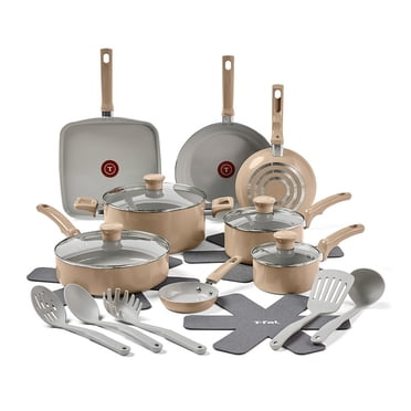 T-Fal Refresh Ceramic Nonstick Cookware Set, 20-Piece, Oven Safe to 350°F, Stockpot, Ceramic Pots and Pans Set, Frying Pans, Griddle, Utensils, Sand Dune