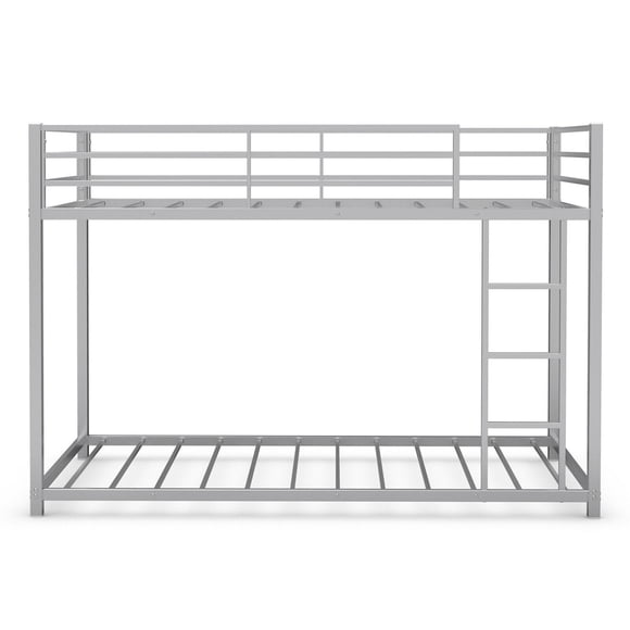 Gymax Twin Bunk Bed Twin Over Frame Platform W/ Guard Rails & Side Ladder Silver