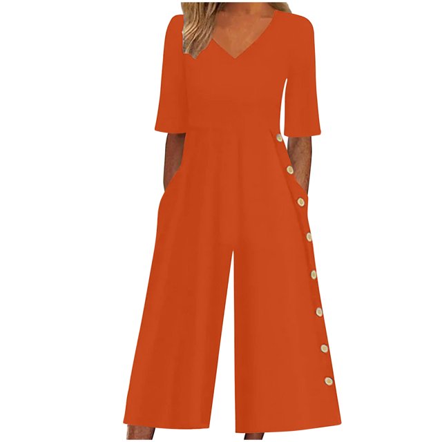 Yuyuzo Womens Wide Leg Jumpsuits Short Sleeve V Neck Casual Loose Comfy Button Split Rompers with Pockets