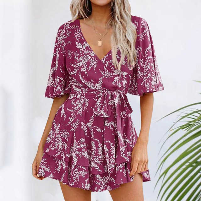 WILLBEST Dress Robes et Combinaisons à Fleurs pour Femmes, Col en V, Manches, Ceinture à Nouer, Plissée,