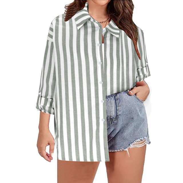 TIMIFIS Chemises à Manches Longues pour Femmes Grande Taille Chemise à Rayures Boutonnée Automne Décontractée Col Rabattu avec Manches Ajustables Hauts