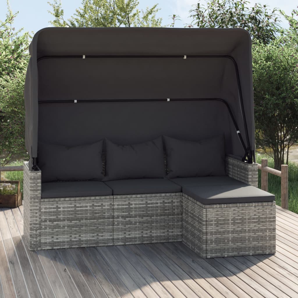 vidaXL 3-Seater Garden Sofa with Roof and Footstool Grey Poly Rattan