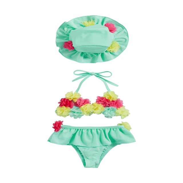 Infant Girls Swimsuits Tie-Up Tank Tops Ruffles Shorts Sun Hat Bikini Split Swimwear Set