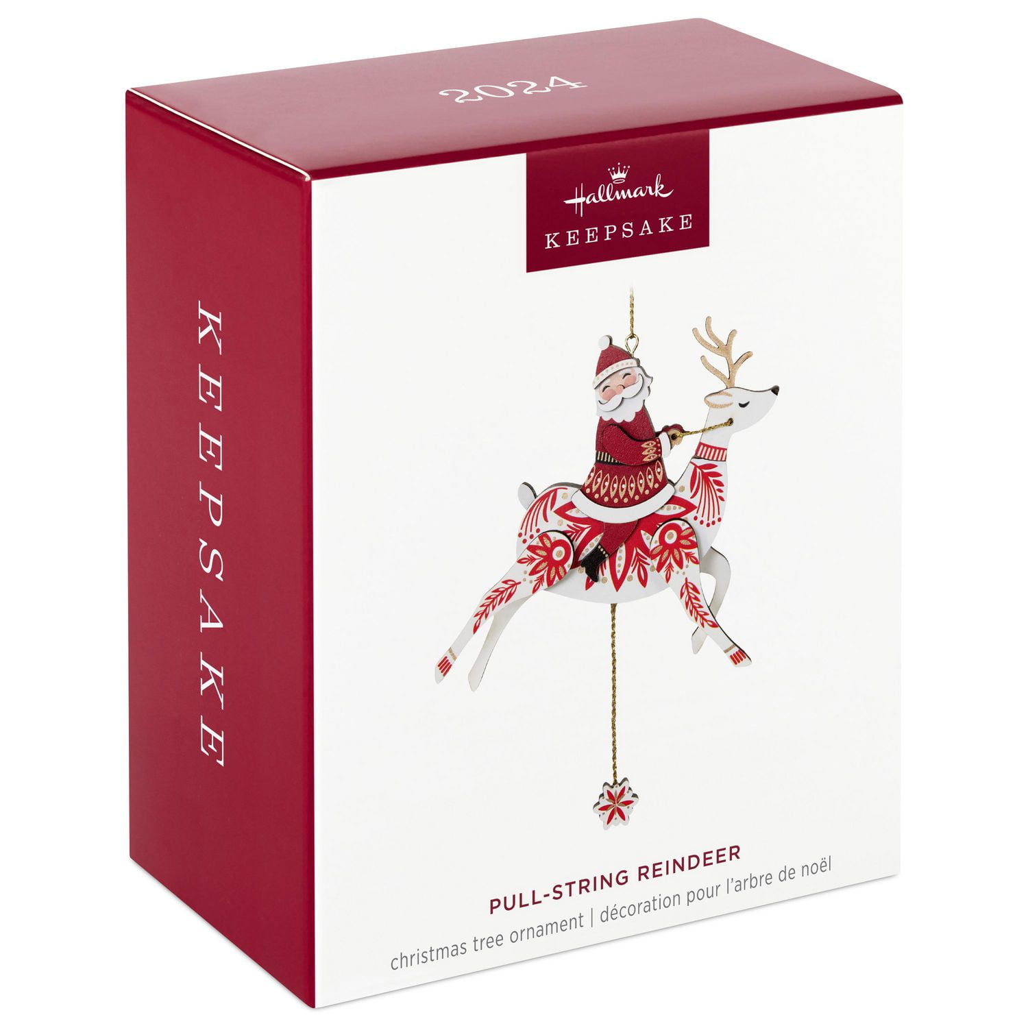 Décoration de Noël, Keepsake de Hallmark (Renne et père Noël, avec cordon à tirer, en bois)