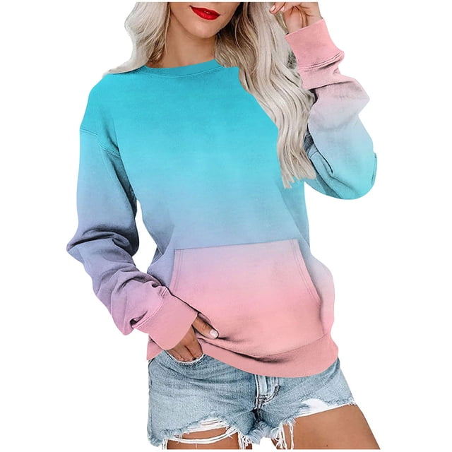 Lmnyox Chandails à Col Rond pour Femmes, Mode Décontractée, Imprimé, Manches Longues, Chandails à Enfiler avec Poche, Chemises Basiques Amples