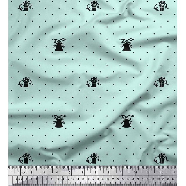 Soimoi Green Rayon Crepe Fabric Gift Box & Bell Dots Print Fabric by the Yard 46 Inch Wide
